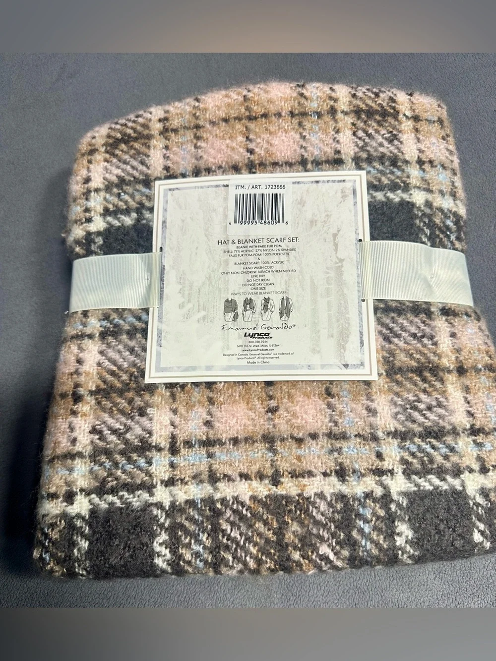 Emanuel Ungaro Cream, Tan & Black Plaid Hat and Blanket Scarf Set